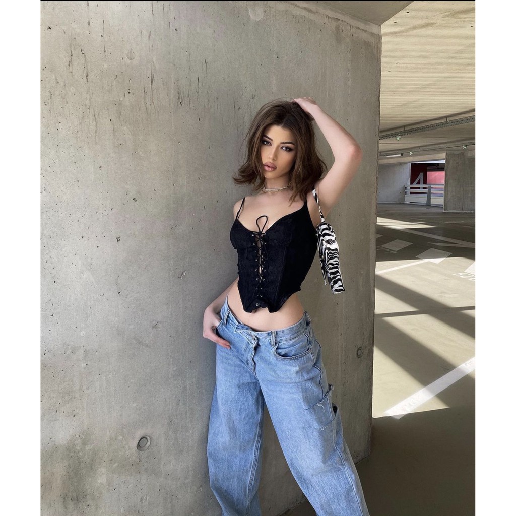 Quần jean nữ form rộng lưng cao xẻ hông sexy