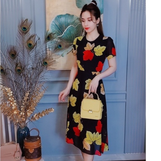 Đầm họa tiết lá phong DA1484 vải chiffon 2 lớp