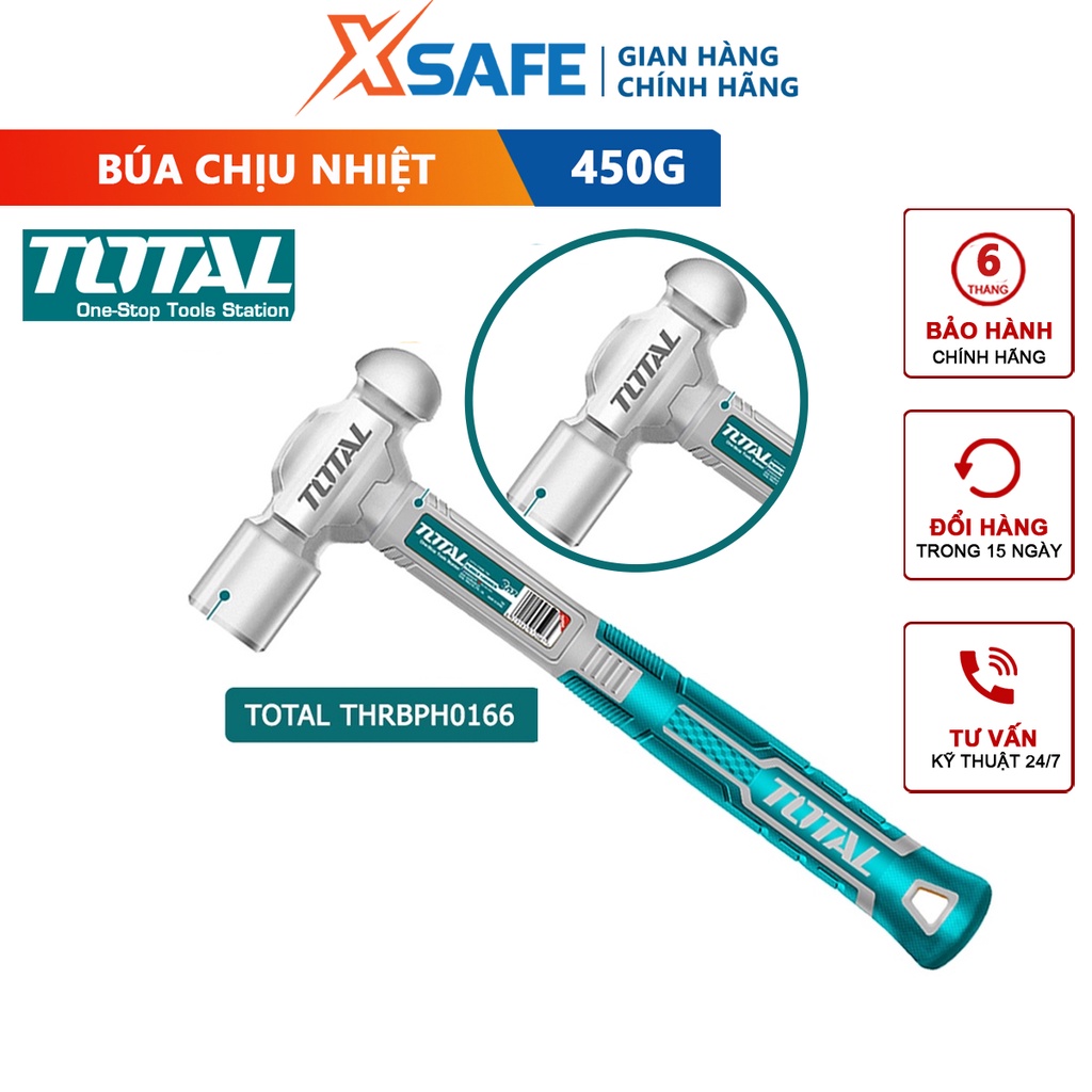Búa đầu tròn 450g Total THRBPH0166, đầu búa nguyên khối chịu nhiệt, thép cacbon 45 #, tay cầm hai màu[CHÍNH HÃNG][XSAFE]