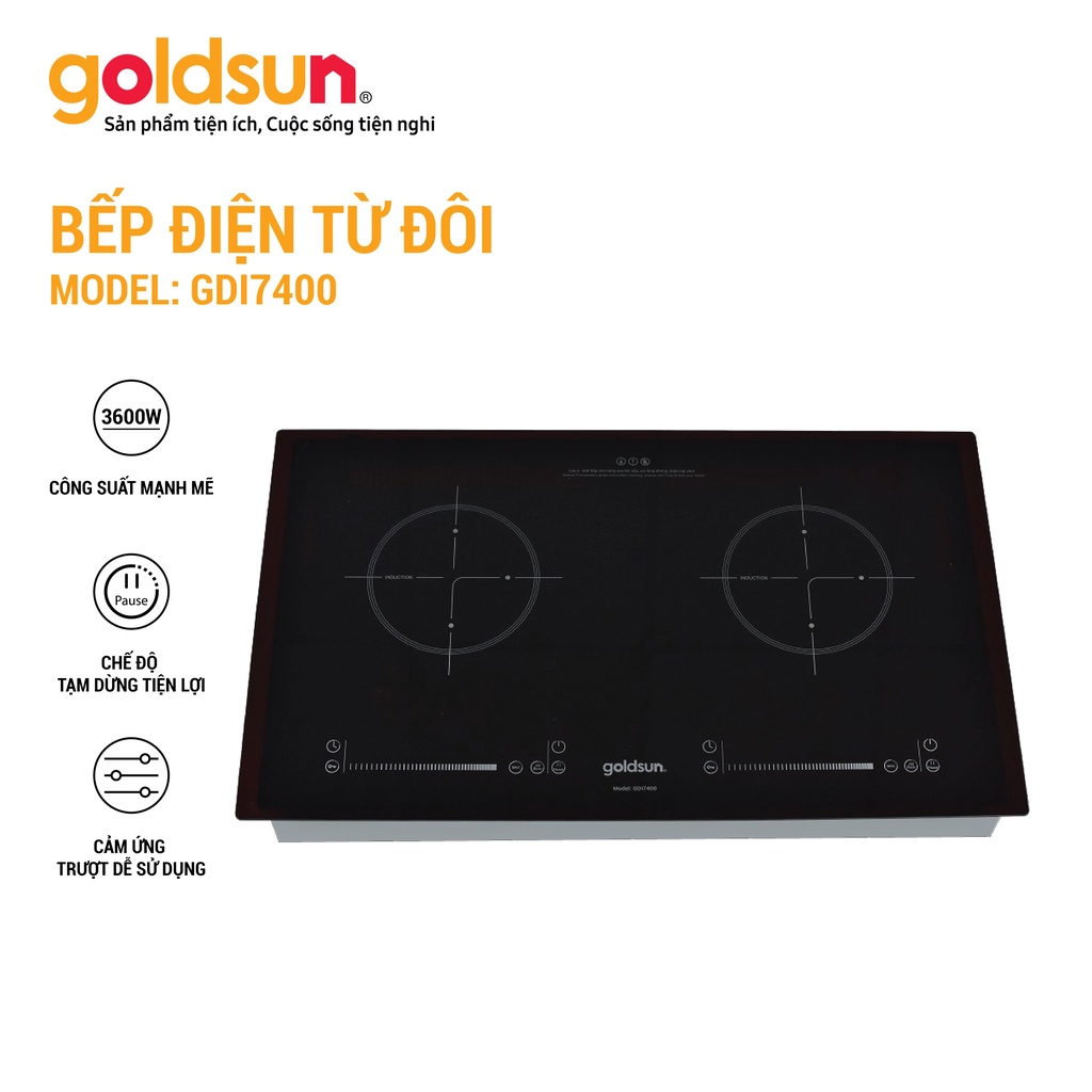 Bếp điện từ đôi Goldsun GDI7400 mặt kính chịu lực màn hình LED cảm ứng thông minh 3600W có khóa trẻ em an toàn
