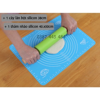 COMBO: Cây lăn bột + Thảm nhào silicon, Cây lăn bột , cán bột làm bánh cán gỗ tay gỗ
