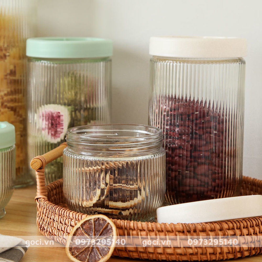 Lọ thủy tinh đựng thực phẩm vân sọc nắp kín hũ gia vị đồ khô nhà bếp chống ẩm mốc bảo quản nguyên liệu đồ ăn cao cấp