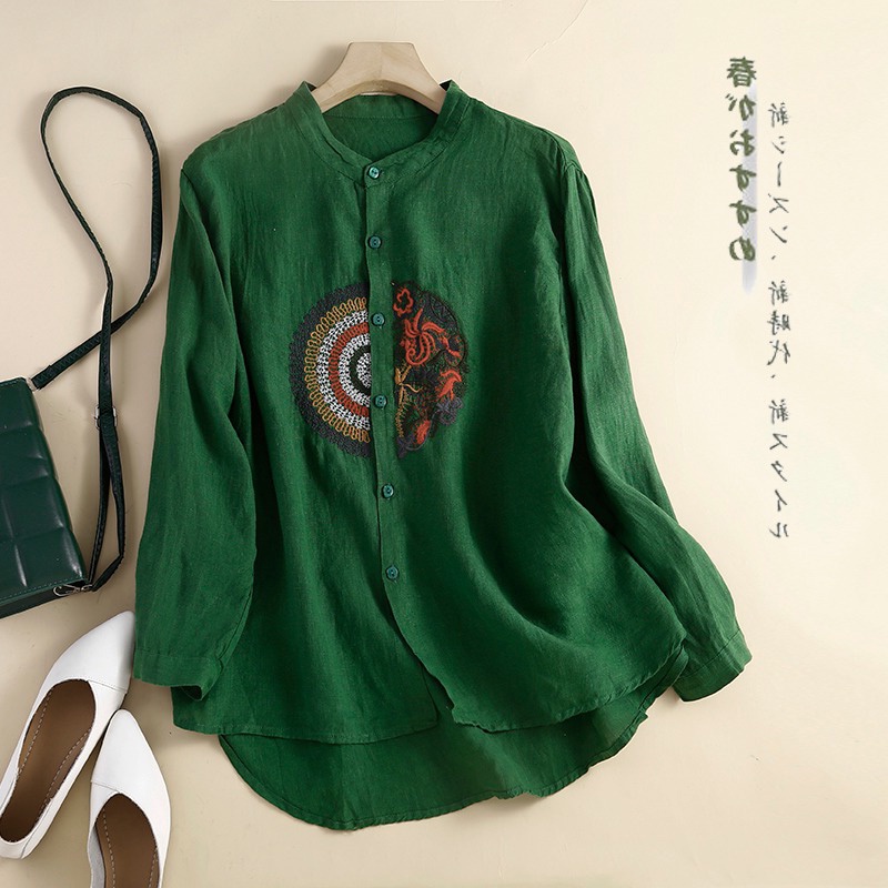 Ice cotton linen women's shirt ethnic style embroidered linen long-sleeved tops pick up ~ Japanese original single