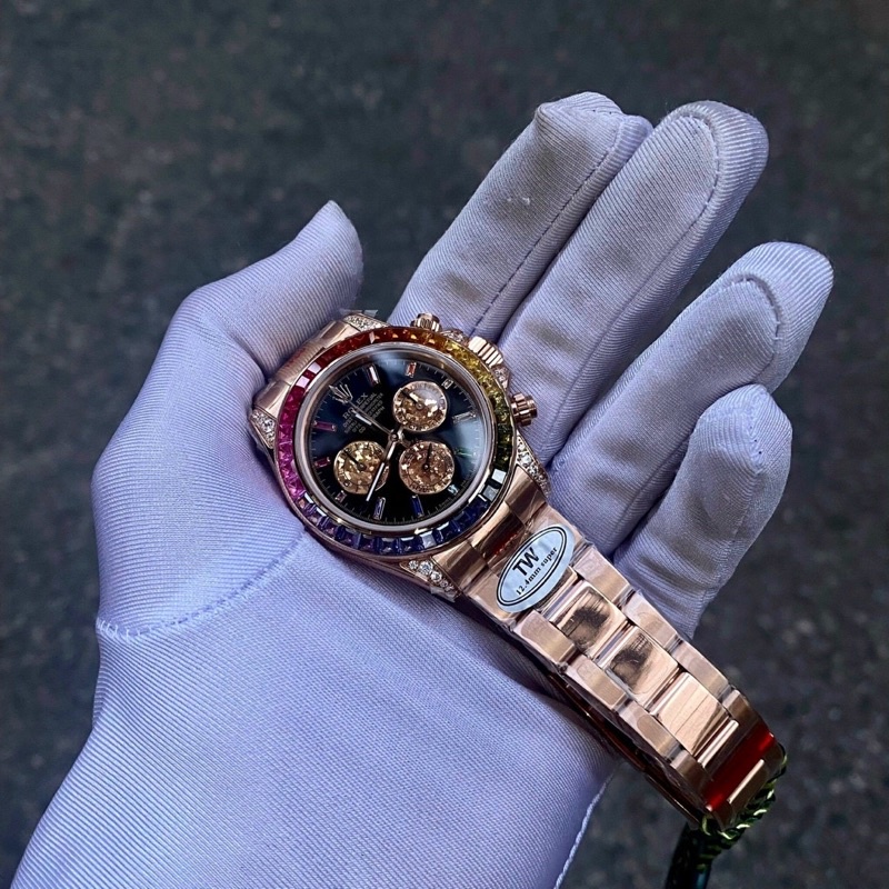 Đồng Hồ Nam Rolex Daytona Rainbow Đá Cz 7 Màu Cực Nét 40mm Đồng Hồ Nam Hàng Cao Cấp