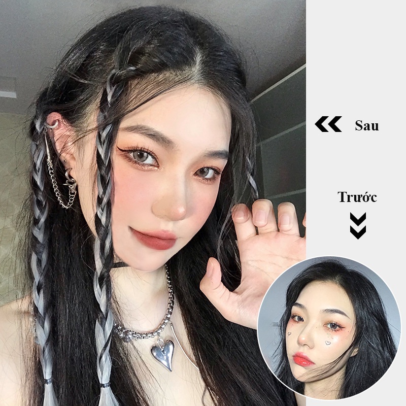 Tóc giả highlight tết bím dài xoăn tự nhiên-tóc giả 2 mảnh dài 60cm dành cho nữ