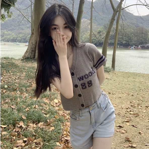 Áo cardigan NZN ngắn tay cổ chữ V in chữ phong cách Hàn Quốc thời trang cho nữ