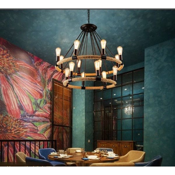 Đèn Chùm Dây Thừng 2 Tầng 14 Bóng Led Edison ST64, Đèn Chùm Thả Phòng Khách Giá Tốt