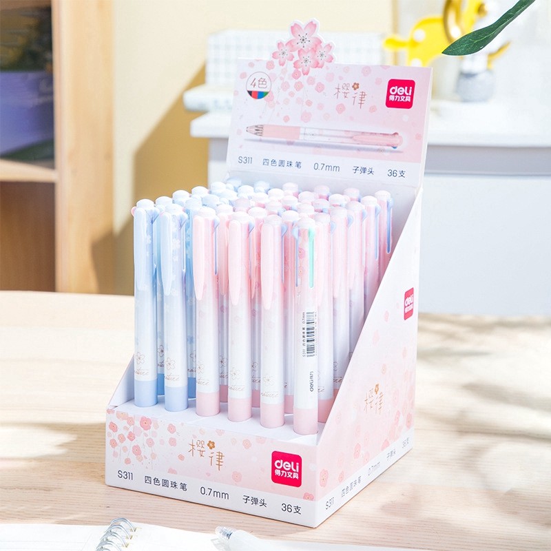 BÚT BI NHIỀU MÀU DELI - 0.7MM - 4 MÀU MỰC - VỎ THIẾT KẾ HOA DỄ THƯƠNG