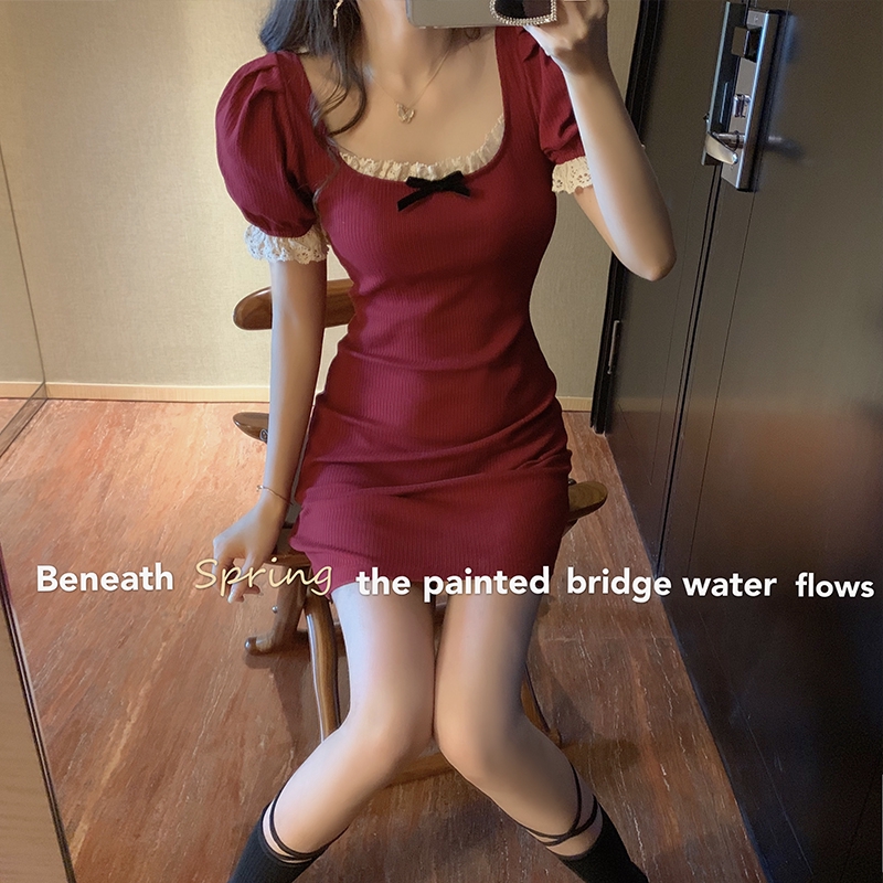 DUNEA Đầm Dệt Kim Cổ Vuông Tay Phồng Ôm Dáng Phối Dây Thắt Thanh Lịch Cho Nữ