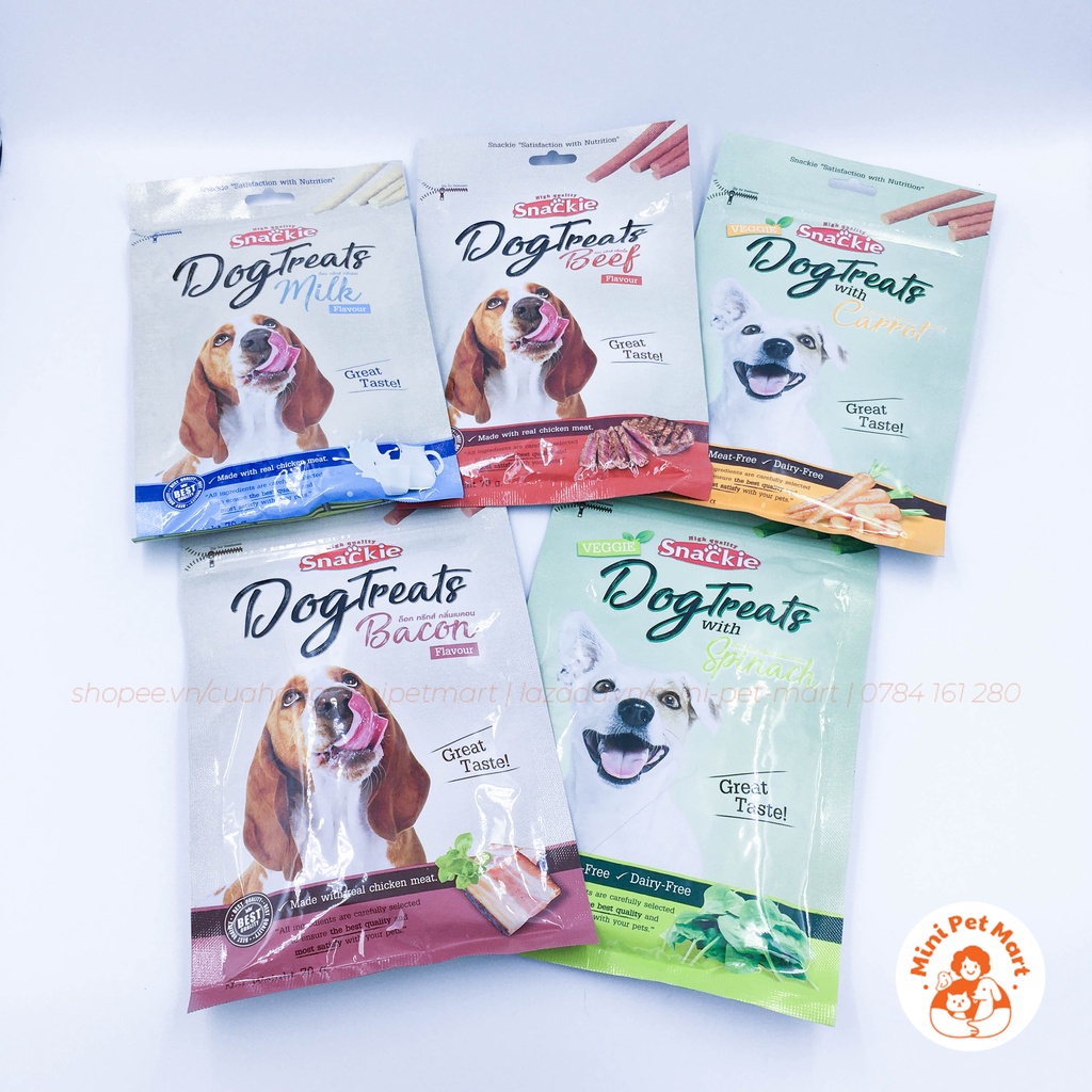 Thức ăn vặt cho chó SNACKIE 70g - Vị thịt heo xông khói, thịt bò, sữa, cà rốt, cải bó xôi