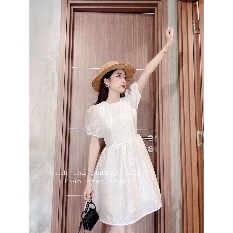 VÁY TAY PHỒNG NƠ ĐEN SAU LƯNG CHUN EO - ĐẦM TRẮNG 2 LỚP TIỂU THƯ DÁNG XÒE NHẸ NHÀNG