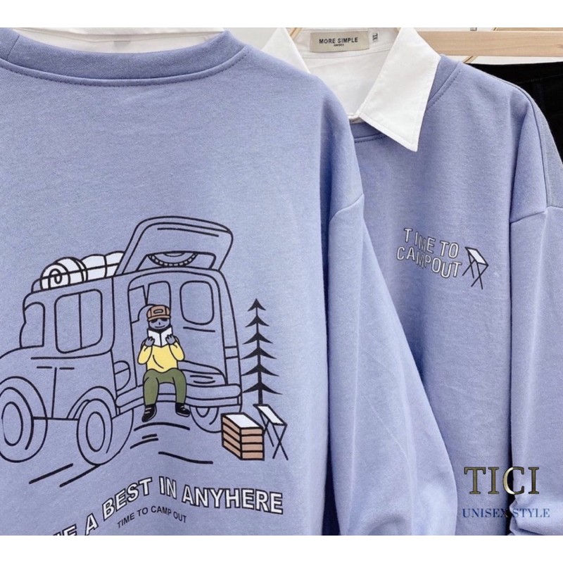 Áo Sweater TIME TO CAMPOUT❤Form Rộng Unisex Nam/Nữ (Chất Nỉ Bông Siêu Mịn)❤MÀU XANH/TRẮNG[FREESHIP] | BigBuy360 - bigbuy360.vn