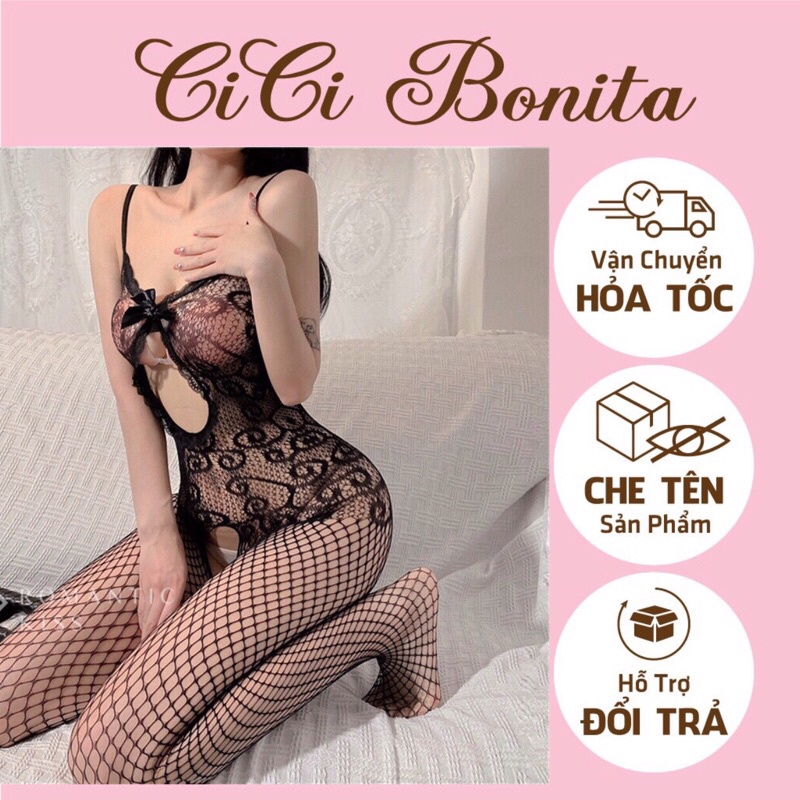 Bodysuit lưới co giãn đính nơ  quyến rũ CB33
