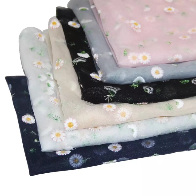 Vải voan lưới thêu cúc lá may cột tóc scrunchies