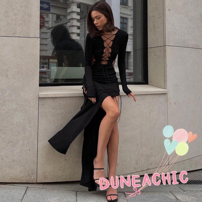 DUNEA Đầm Dài Tay Xẻ Tà Phối Dây Thắt Thời Trang Dành Cho Nữ