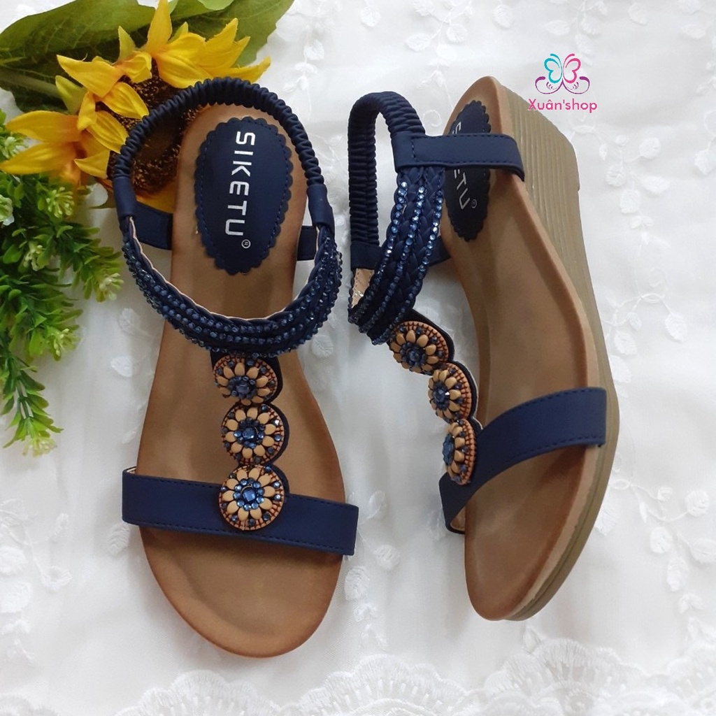Sandal đế xuồng 5cm Siketu, quai ngang đính hạt xinh xắn (size 36-40)
