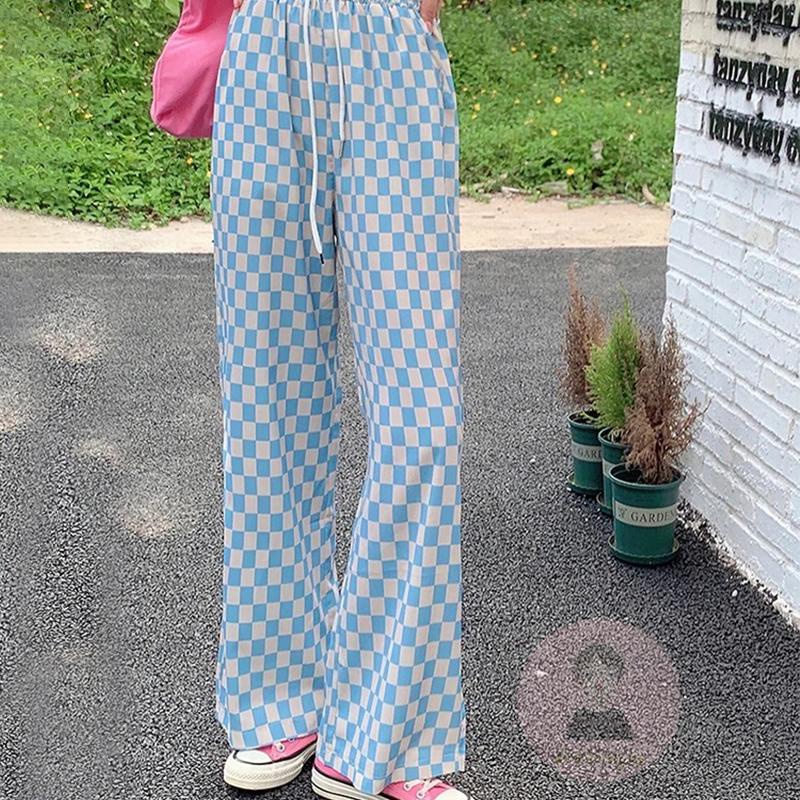 Quần Dài Ống Rộng Lưng Thun Dây Rút Họa Tiết Caro Thời Trang Cho Nữ
