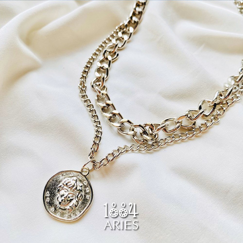 Dây chuyền layer 2 lớp dày mặt đồng tiền màu bạc dành cho nữ phong cách Hàn Quốc -1004.ARIES