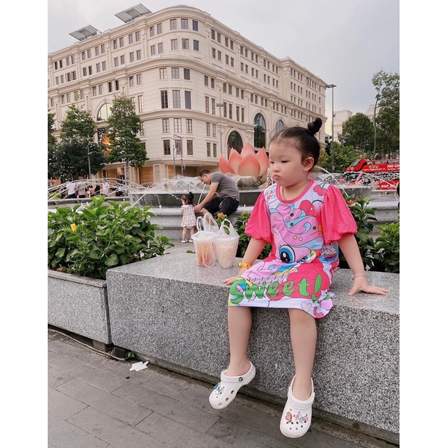 Đầm cho bé gái, set váy chữ A tay phồng bé gái chất thun lạnh 3D chính phẩm dày dặn co giãn thoáng mát 9-40kg Tomkids