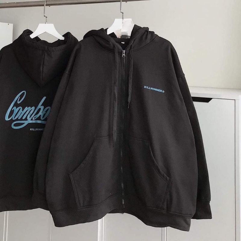 Áo hoodie zip khóa kéo from rộng tay bồng cực cá tính, Áo khoắc Nữ có mũ chất nỉ da cá có 2 màu đen trắng Vati