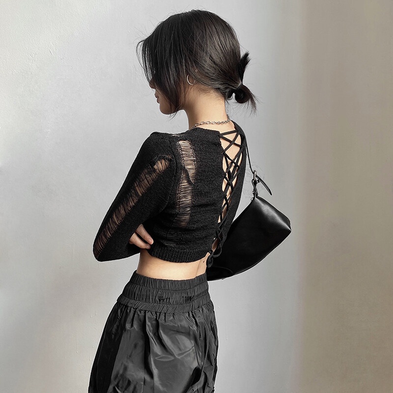 Kliou 2023 new Áo croptop nữ KLIOU tay dài cổ tròn dệt kim rỗng thời trang mới 2023