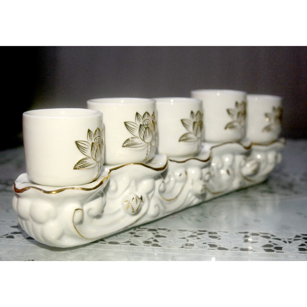 Án năm -Bộ năm ly Nước thờ Cúng hoa sen trắng