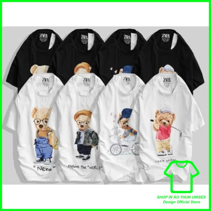 Áo Thun Nam Nữ ZARA Gấu Cổ Tròn Chất Cotton, Áo Phông Nam Nữ ZARA Gấu Tay Ngắn In Họa Tiết Mẫu 1