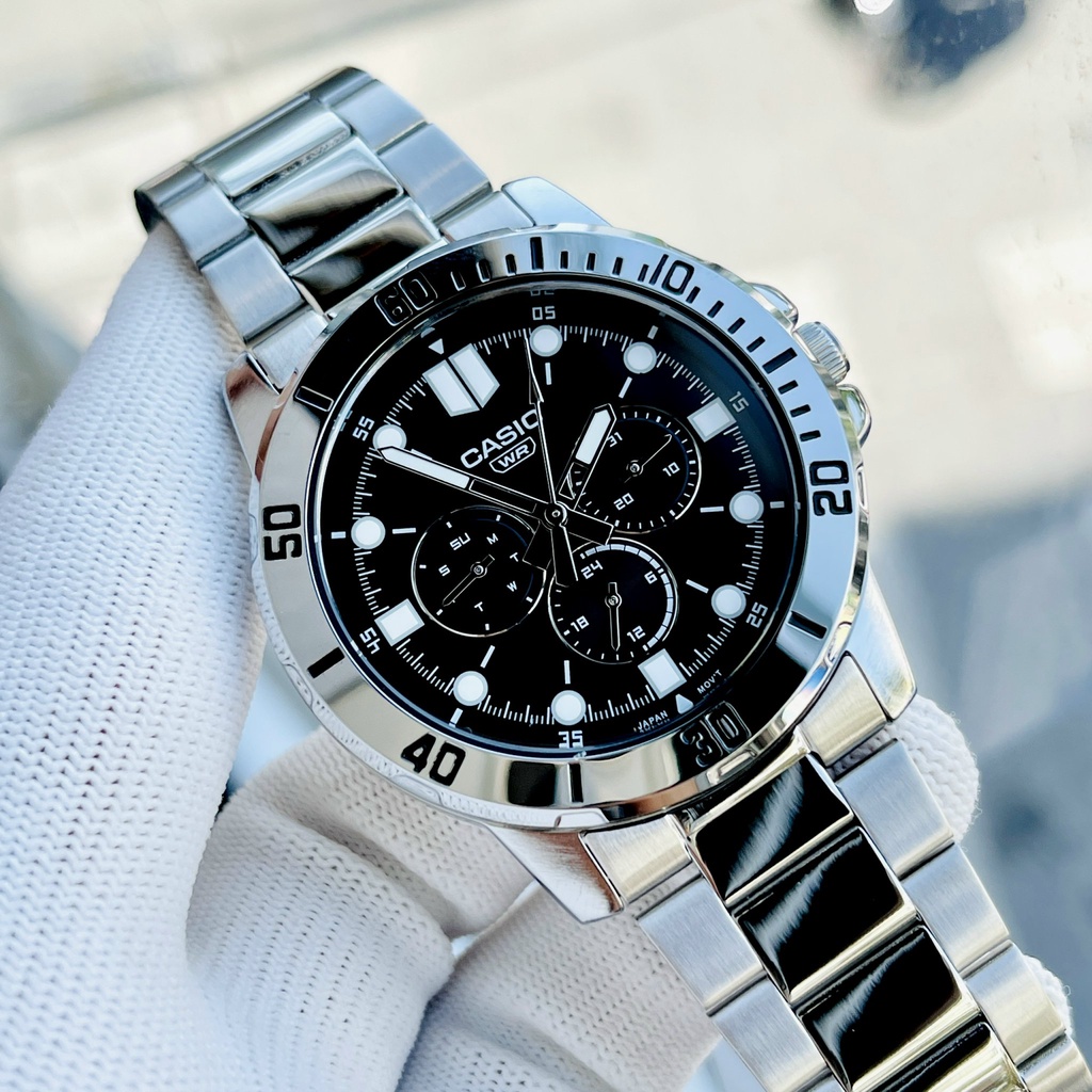 Đồng hồ nam thể thao dây thép Casio MTP VD300D-1E  Mặt đen 6 kim Size 45mm kim dạ quang Bảo hành 1 năm Hyma watch