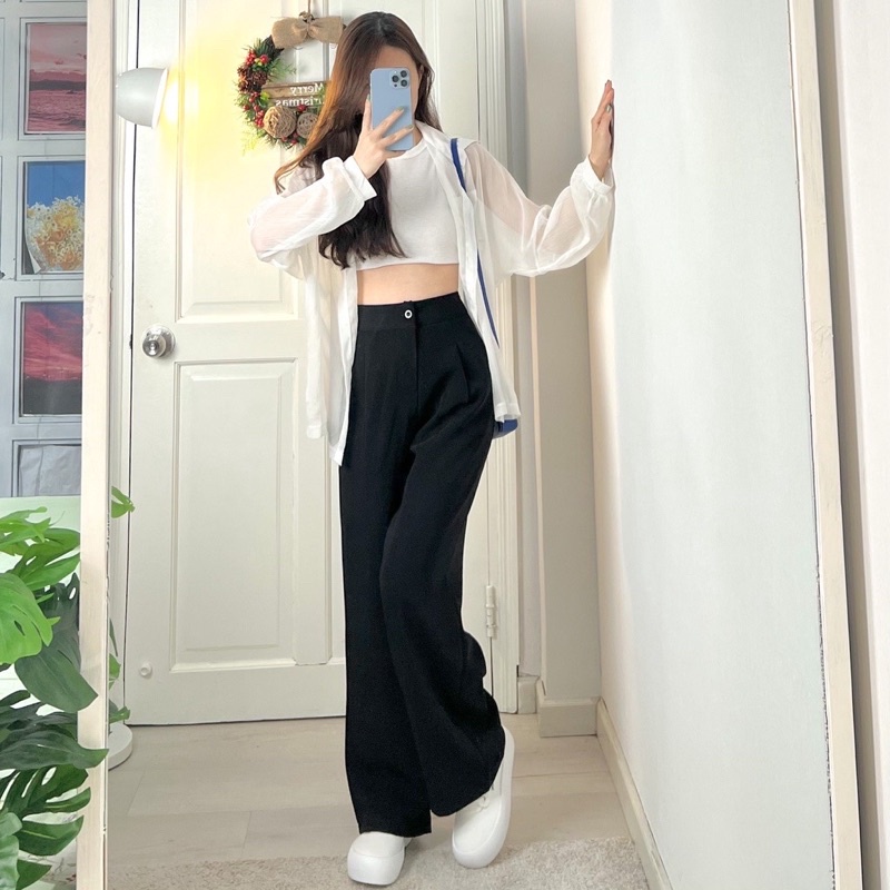 Quần culottes cạp cao - quần ống rộng 1 khuy