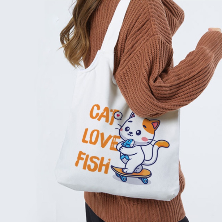 Túi tote vải bố canvas mềm Mèo Maneki cute quai tròn có khóa kéo miệng túi phong cách ulzzang Hàn Quốc