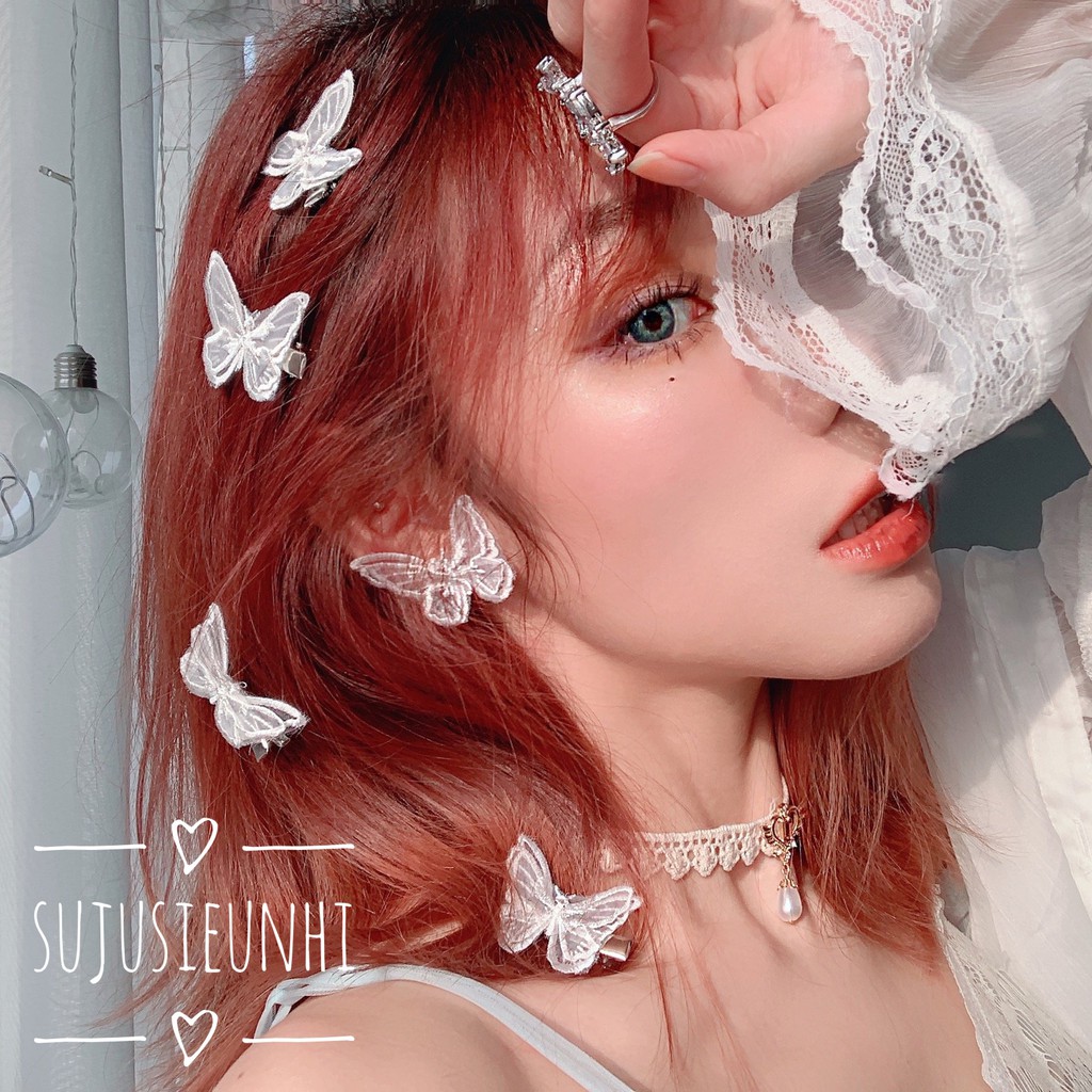 Set khuyên tai-choker-kẹp tóc-nhẫn bướm ren hai lớp nhiều màu