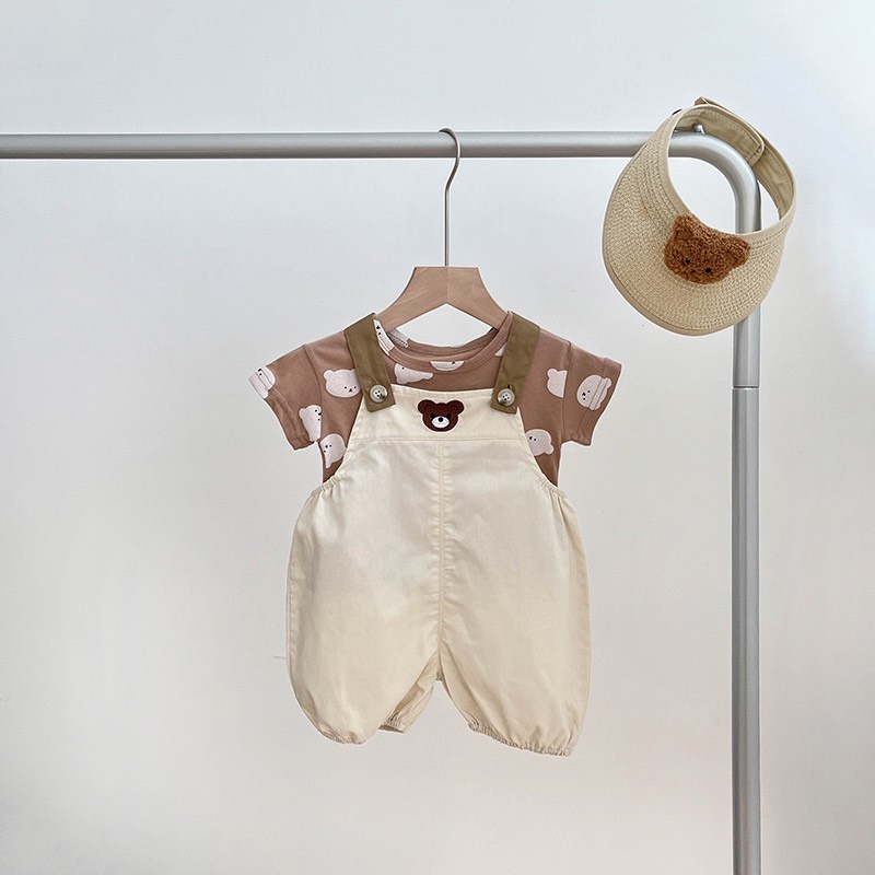 Set quần yếm + áo phông hình gấu trẻ em cute đáng yêu