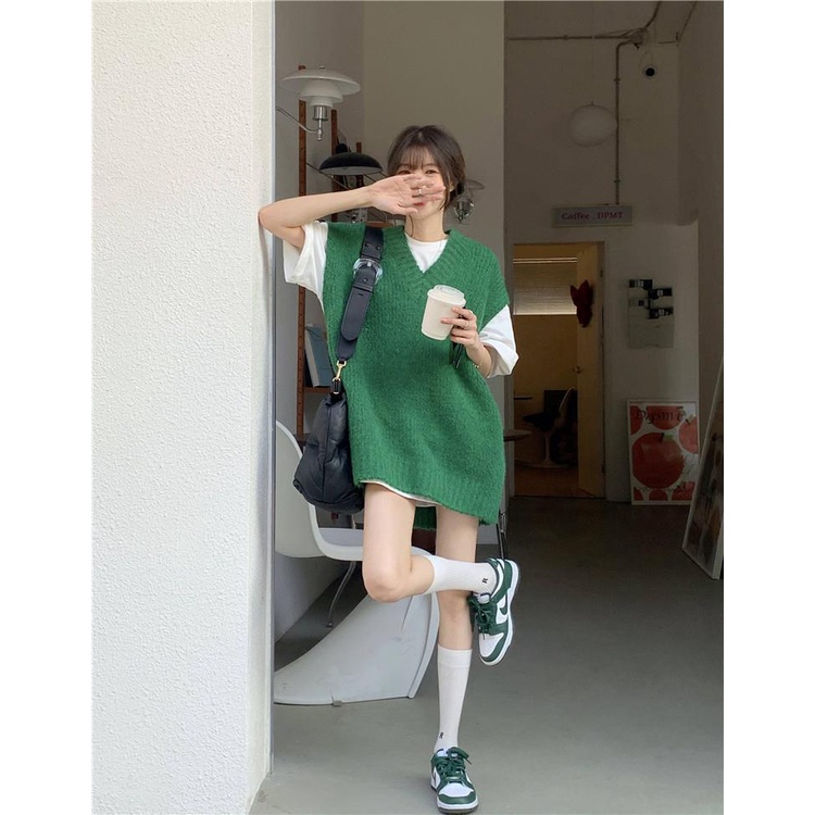 Bộ Áo Dệt Kim Ngắn Tay + Áo Khoác Dệt Kim Không Tay Thiết Kế Mới Thời Trang Theo