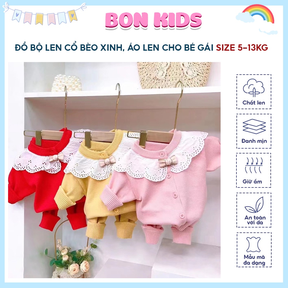 Đồ Bộ Len Cổ Bèo Xinh ,Quần Áo Len Cho Bé Gái Size 5-13kg, Bộ Len Cho Bé Hàng Quảng Châu