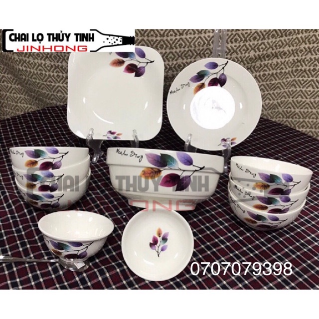 BỘ CHÉN BÁT 11 MÓN- IN HOA VĂN NỔI HÌNH LÁ