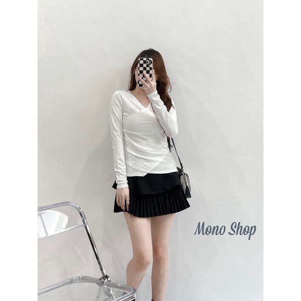 Áo thun tăm cổ đắp nhún eo khuy bên, áo thun tăm gân vạt đắp đính nút bên. Ảnh thật/ sẵn
