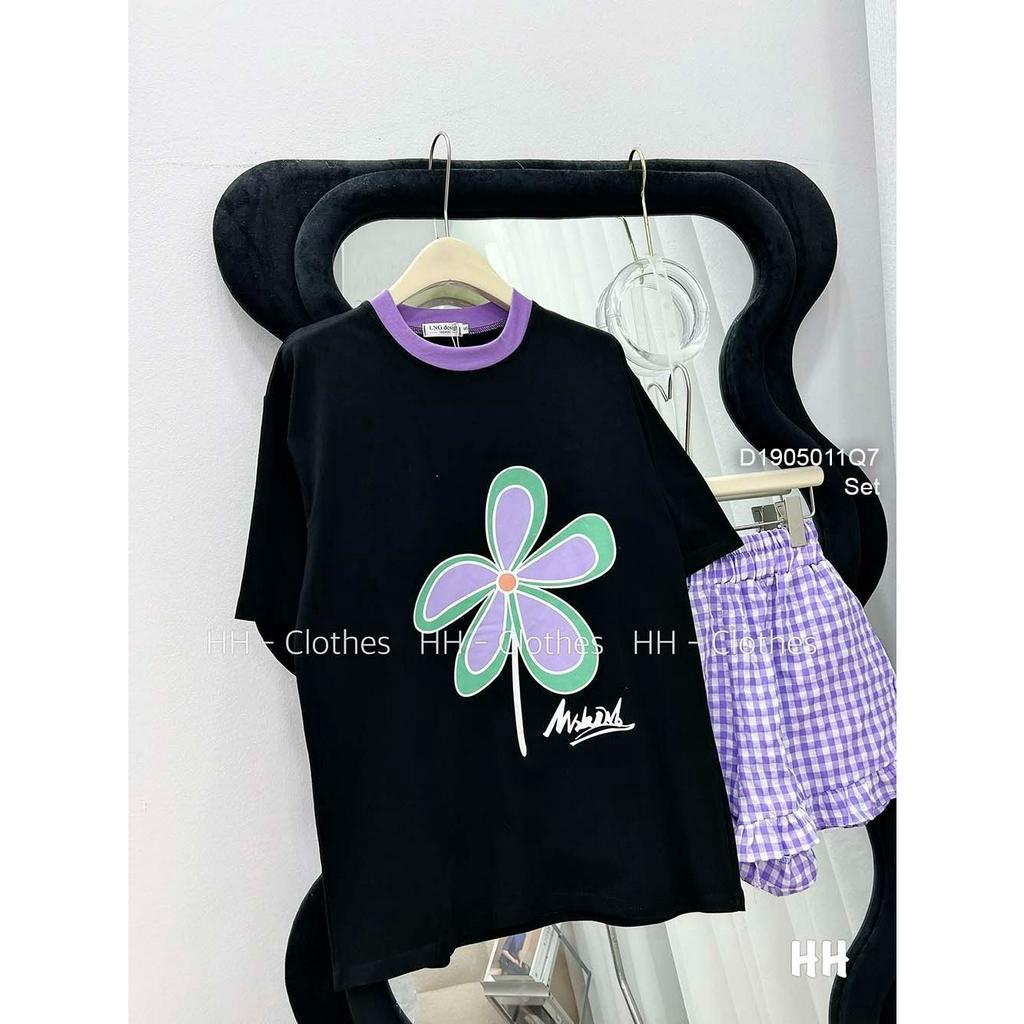 Set bộ đùi 2 món áo thun họa tiết bông hoa tay con kèm quần short caro lai bèo!
