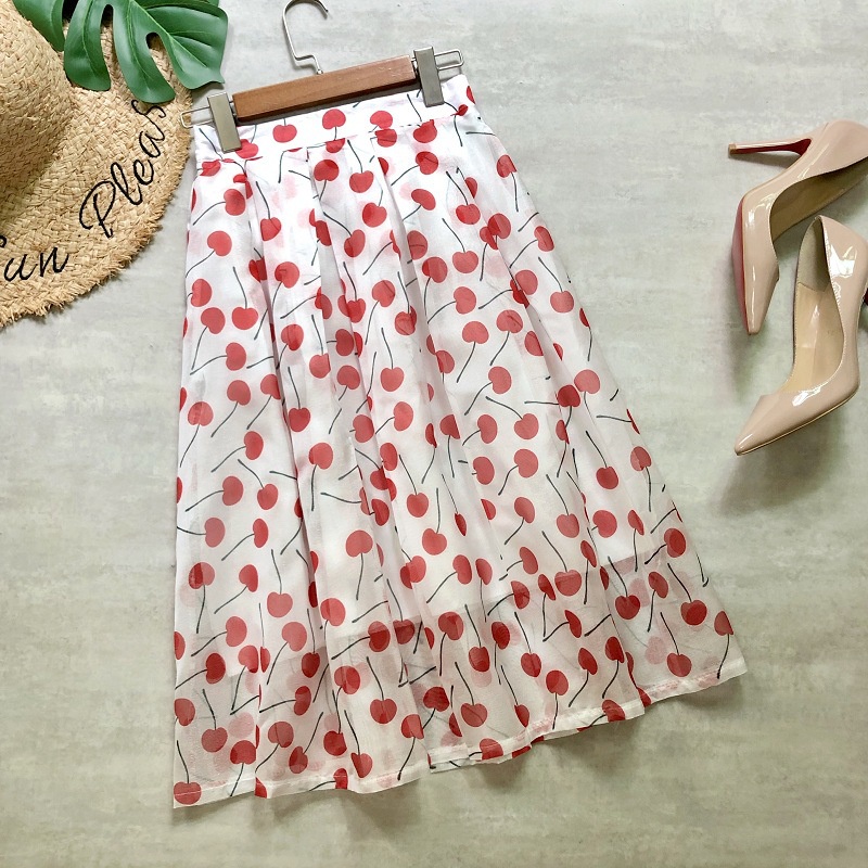 Chân váy xòe vải voan mềm mại họa tiết cherry dễ thương Free size VAY80