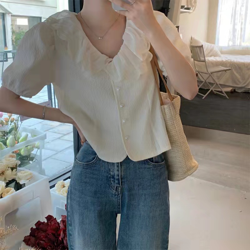 Áo sơ mi SUXI tay phồng cổ chữ V màu sắc trơn phong cách vintage Hàn Quốc cho nữ