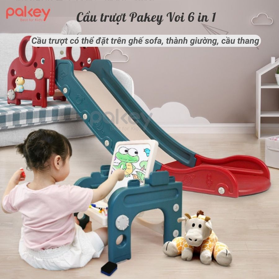 Cầu trượt cho bé PAKEY Voi đa năng làm cầu trượt, bộ bàn ghế học cho bé TẶNG KÈM Bóng Rổ Ném Vòng