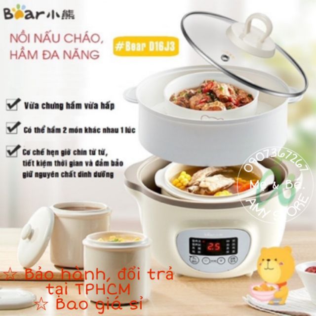 Nồi Nấu Chậm Cách Thuỷ Bear 1l6 [ HÀNG SẴN TPHCM ] nấu cháo, chưng yến, Có lồng hấp, bh 12 tháng