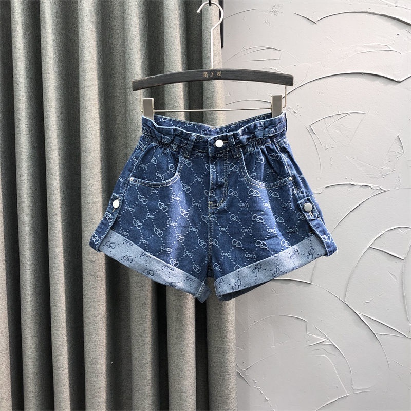 Quần short denim ống rộng eo cao in họa tiết thời trang cho nữ