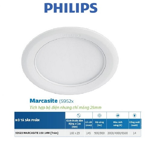Bộ đèn âm trần Philips LED Marcasite tròn -9W, 12W, 14W,16W