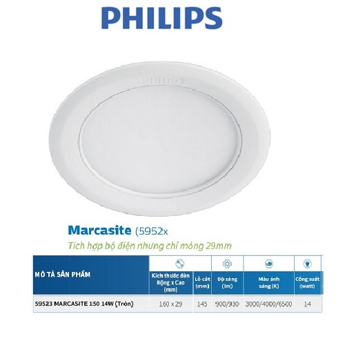 Bộ đèn âm trần Philips LED Marcasite tròn (5952x )-9W, 12W, 14W,16W (ánh sáng trắng, trung tính, vàng)