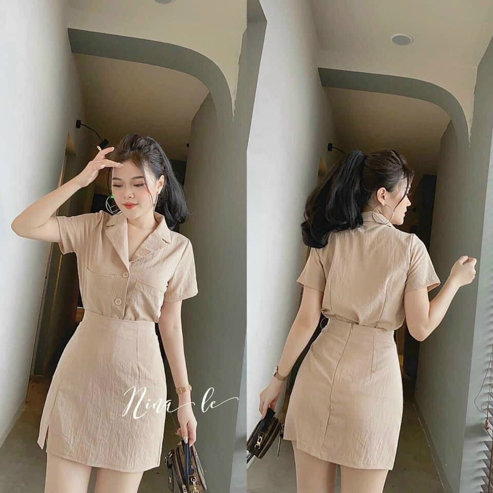 Bộ Áo Cổ Vest Chân Váy Ngắn Xẻ Công Sở Set Vest Nữ Chất Đũi Mềm Mặc Thoải Mái