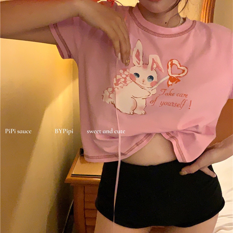 Áo Thun Crop Top Tay Ngắn Cổ Tròn Dễ Thương