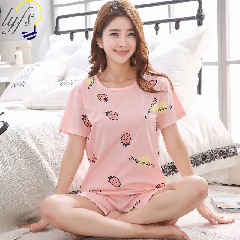 Đồ ngủ nữ, họa tiết hoạt hình dễ thương, size M-2XL, áo tay ngắn + quần short, đồ ngủ ngắn tay mùa hè Hàn Quốc, thời trang, New【lyfs】