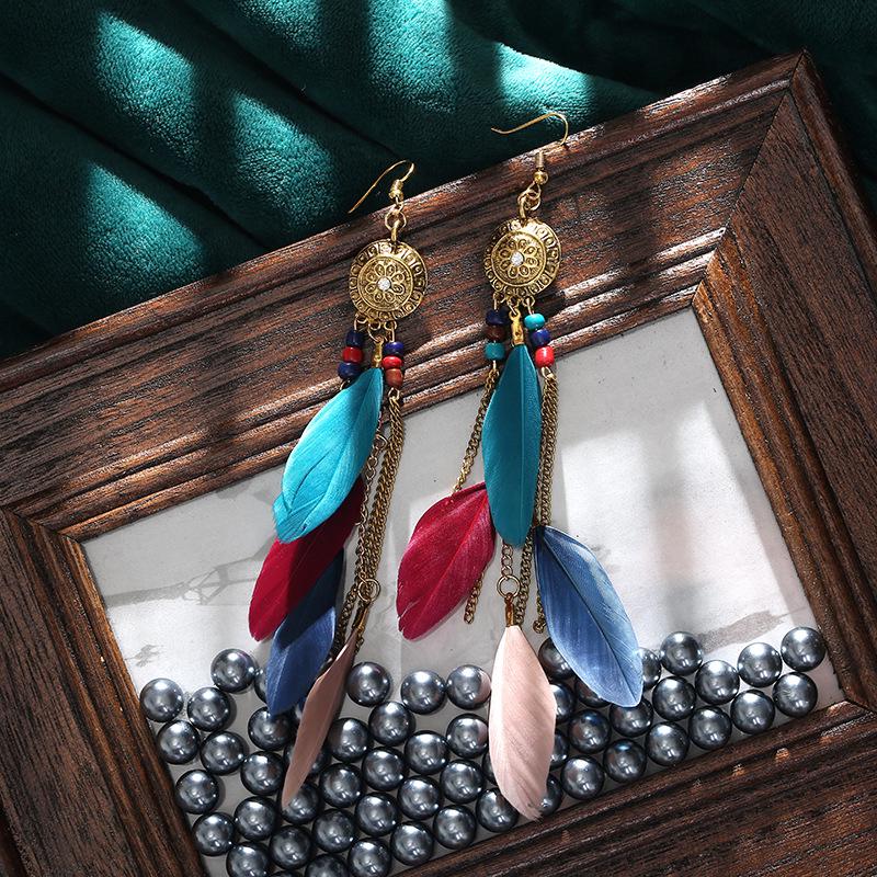 Vintage string tassel earrings multi-layer fringed boho feather jewelry creative long earrings
