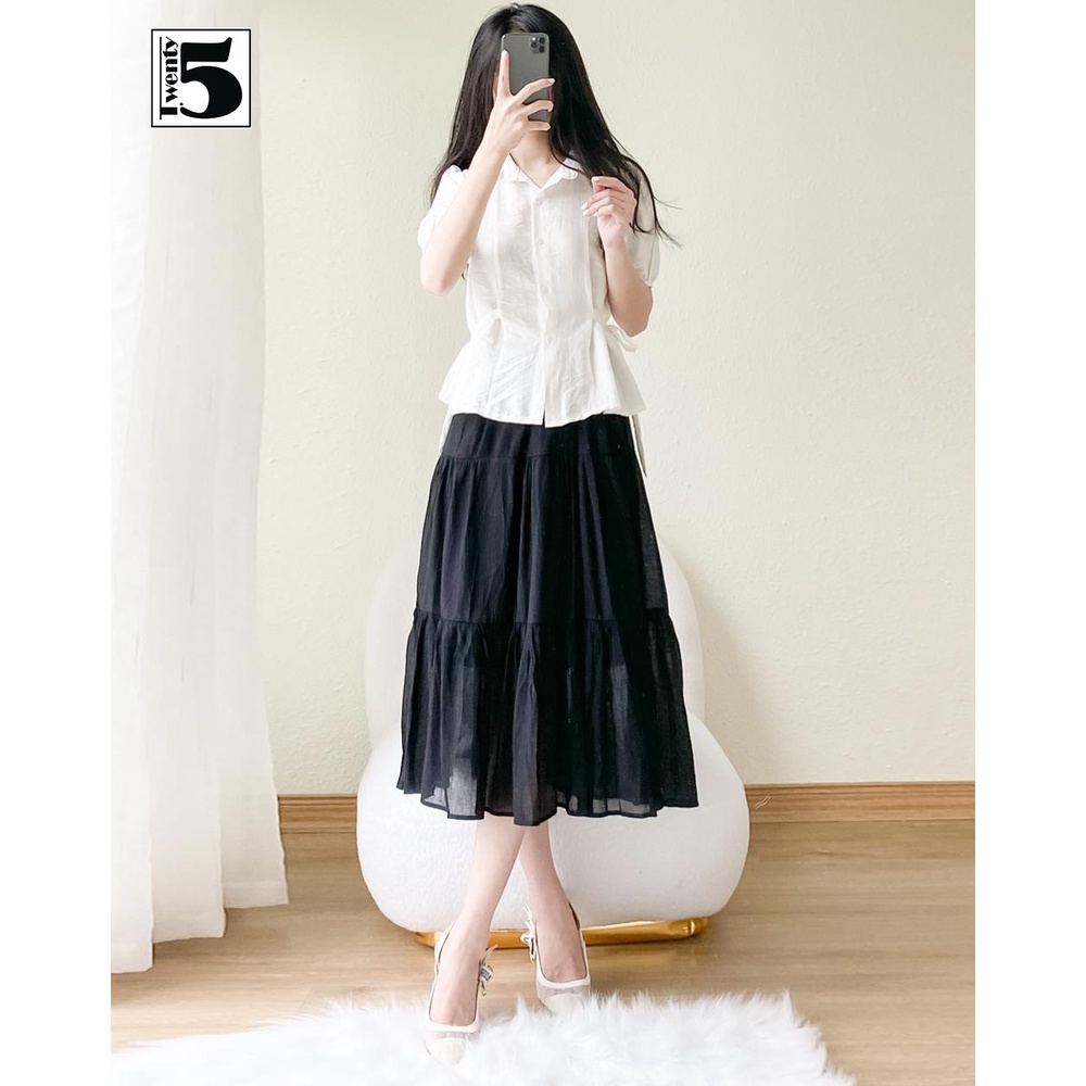 Áo kiểu sơ mi công sở nữ tay bồng dây thắt nơ 2 bên eo Twentyfive TA2