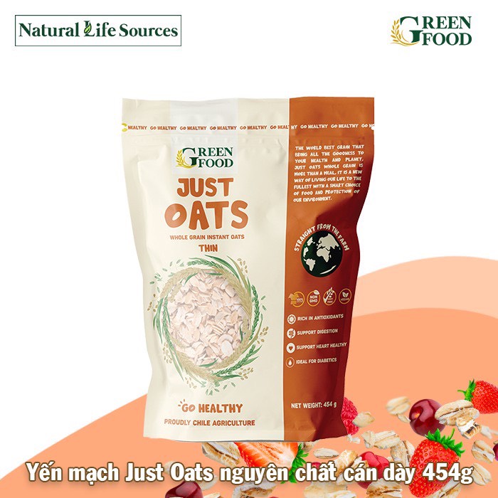 Yến Mạch Chile JUST OATS Green Food nguyên chất ăn liền cán dẹt/nguyên hạt 454g